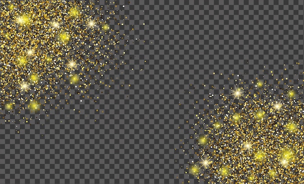 Gold glitter and sequins on a transparent background. Magic glow bokeh