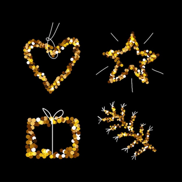 Вектор Набор золотых блесток, подарочная коробка, звезда и сердце, праздничные элементы, блестящая векторная иллюстрация