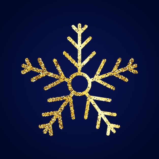 Fiocco di neve glitter oro su sfondo blu scuro. elementi di decorazione di natale e capodanno. illustrazione vettoriale.