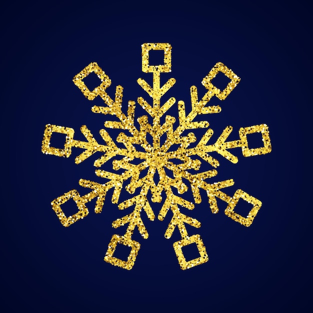 Снежинка золотой блеск на синем фоне. Рождественские и новогодние элементы декора. Векторная иллюстрация.