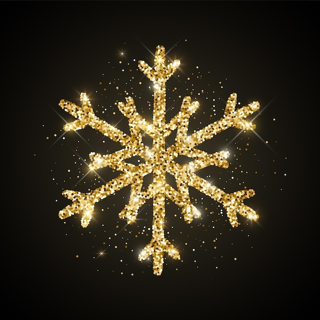 Gold glitter textured snowflake icon on black background Vector Shiny Christmas New year and winter sparkling golden hand drawn snow symbol for print web decoration greeting card