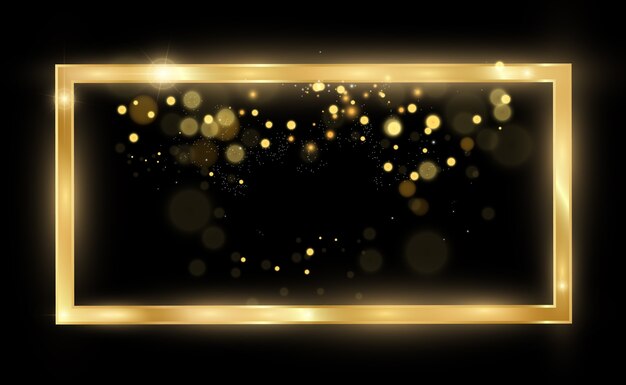 Gold glitter with shiny gold frame on a transparent black background.