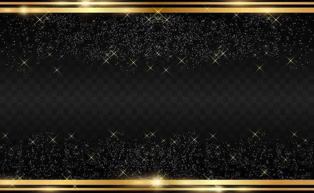 Gold glitter with shiny gold frame on a transparent black background.