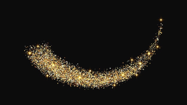 Gold glittering confetti wave and stardust. Golden magical sparkles on dark background. Vector illustration