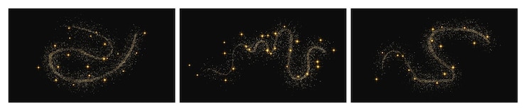 Vector gold glittering confetti wave and stardust set of three backdrops with golden magical sparkles on dark background vector illustration