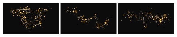 Vector gold glittering confetti wave and stardust set of three backdrops with golden magical sparkles on dark background vector illustration