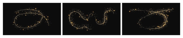 gold glittering confetti wave and stardust set of three backdrops with golden magical sparkles on dark background vector illustration