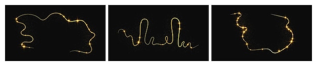 Vettore ondata di confetti luccicante d'oro e polvere stellare set di tre sfondi con scintilli magici dorati su sfondo scuro illustrazione vettoriale