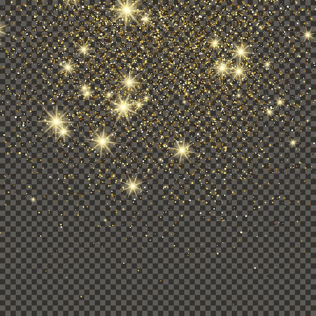 Gold glittering dust on a gray transparent background Dust with gold glitter effect and empty space for your text Vector illustration