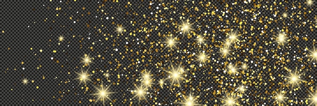 Vector gold glittering dust with stars on a gray transparent background dust with gold glitter effect and empty space for your text vector illustration