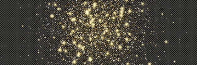 Gold glittering dust with stars on a gray transparent background Dust with gold glitter effect and empty space for your text Vector illustration