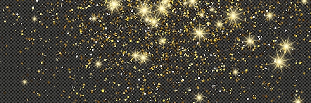 Vector gold glittering dust with stars on a gray transparent background dust with gold glitter effect and empty space for your text vector illustration