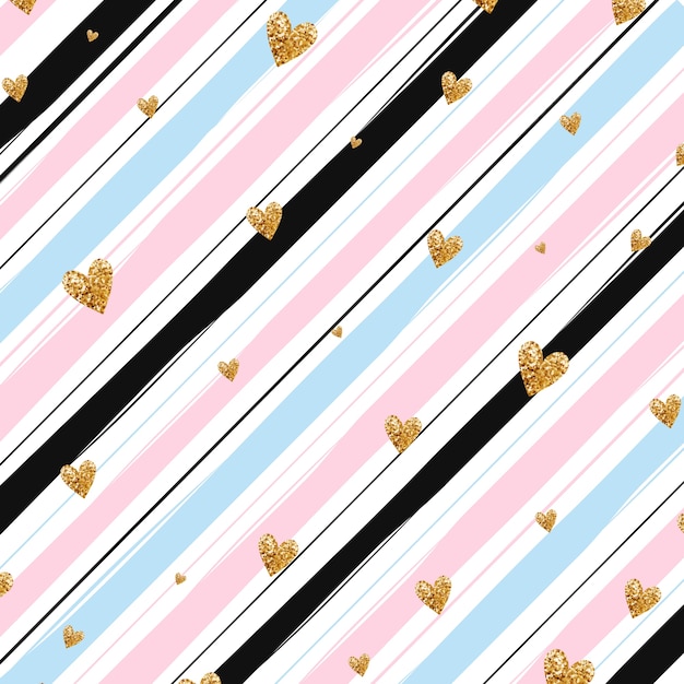 Gold glittering heart confetti seamless pattern on striped pink, blue, black background