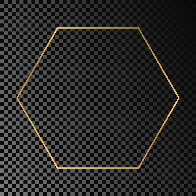 Вектор Золотая светящаяся шестиугольная рамка изолирована на темном прозрачном фоне блестящая рамка со светящимися эффектами векторная иллюстрация
