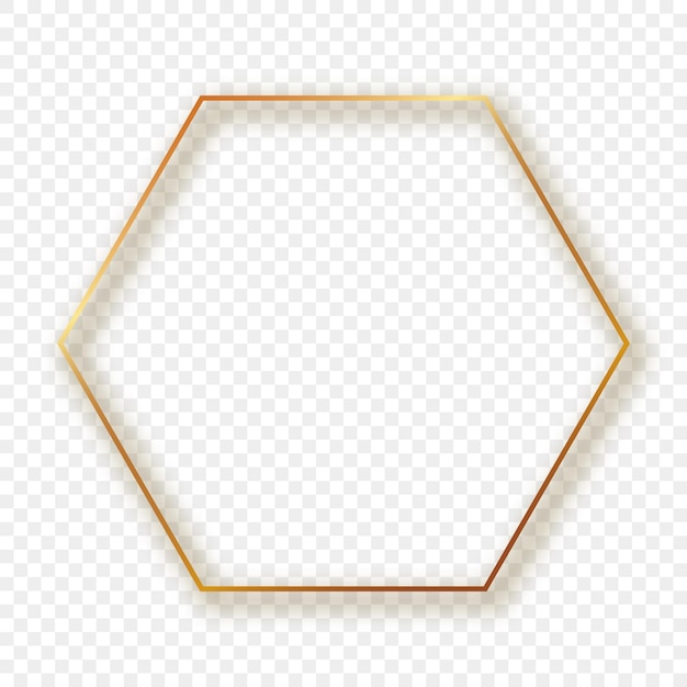 Gold glowing hexagon frame with shadow isolated on transparent background shiny frame with glowing effects vector illustration