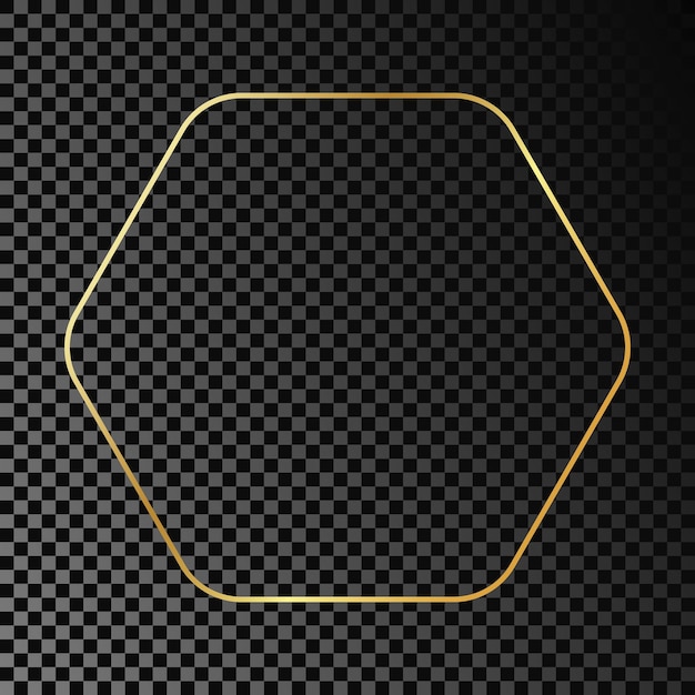 Gold glowing rounded hexagon frame isolated on dark transparent background Shiny frame with glowing effects Vector illustration