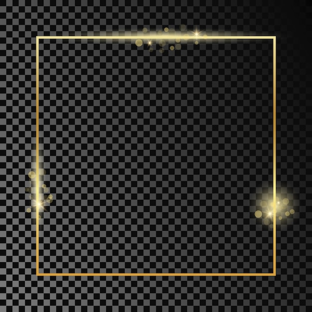 Gold glowing square frame isolated on dark transparent background Shiny frame with glowing effects Vector illustration