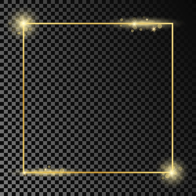 Gold glowing square frame isolated on dark transparent background shiny frame with glowing effects vector illustration