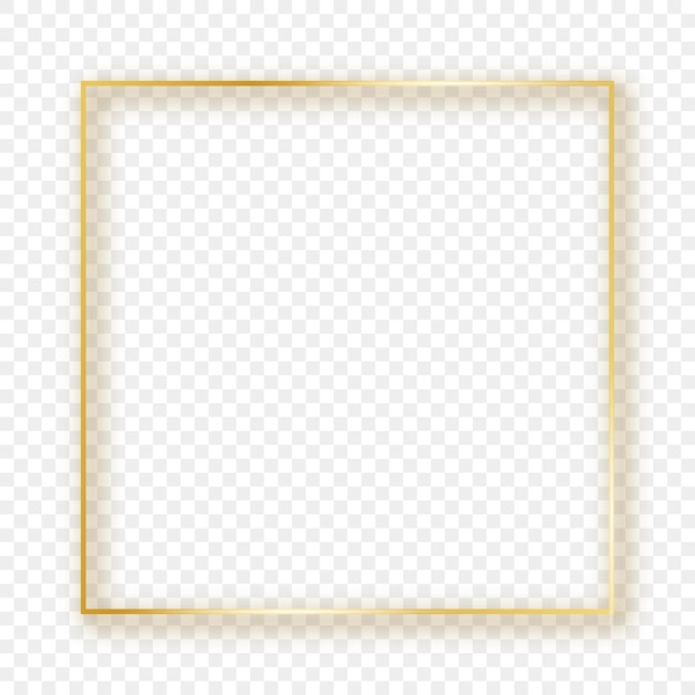 Золотая светящаяся квадратная рамка с тенью на прозрачном фоне. блестящая рамка