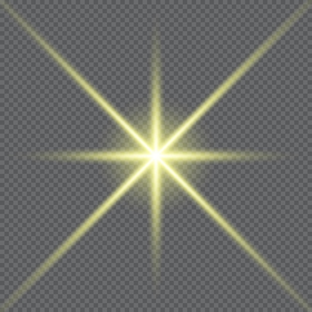 ゴールドの輝く星 現実的な太陽光線 黄色の太陽光線の輝き 抽象的な輝きの光の効果 黄色のエネルギー フラッシュ 特別なレンズ フレアの光の効果 ベクトル図
