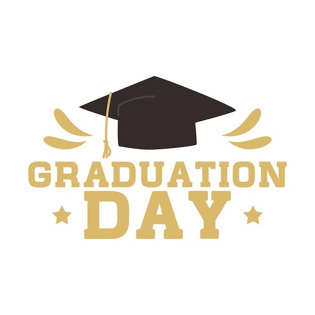 A gold graduation day logo with a black cap and stars.