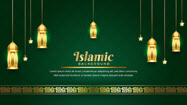 Vector gold and green luxury islamic background with decorative ornament pattern and lantern premium vector