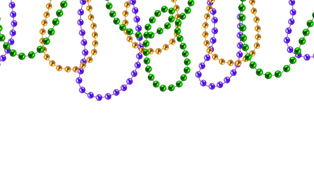 Vector gold, green, purple beads isolated on wooden background. mardi gras decorations.