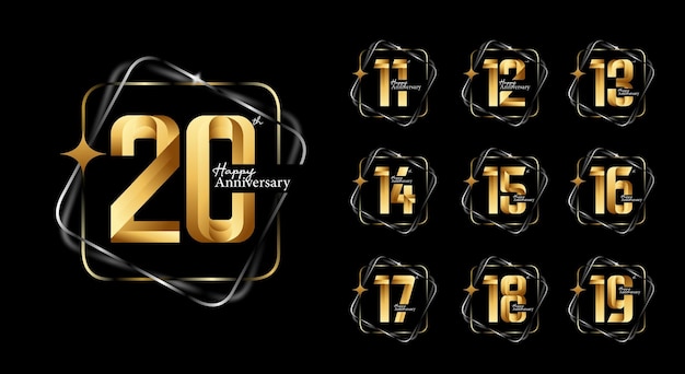 gold happy anniversary logotype set. 11, 12, 13, 14, 15, 16, 17, 18, 19, 20