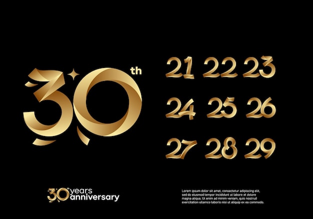 Vettore set di logotipo di felice anniversario d'oro. 21, 22, 23, 24, 25, 26, 27, 28, 29, 30