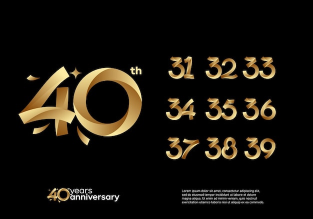 Set di logotipo di felice anniversario d'oro. 31, 32, 33, 34, 35, 36, 37, 38, 39, 40