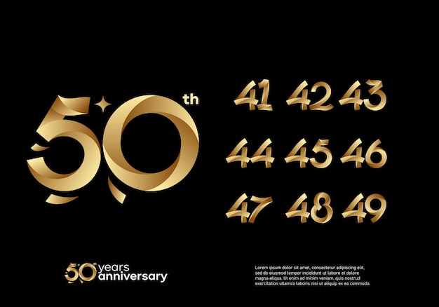 Gold happy anniversary logotype set. 41, 42, 43, 44, 45, 46, 47, 48, 49, 50