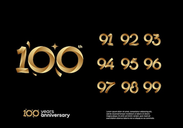 Gold happy anniversary logotype set. 91, 92, 93, 94, 95, 96, 97, 98, 99, 100