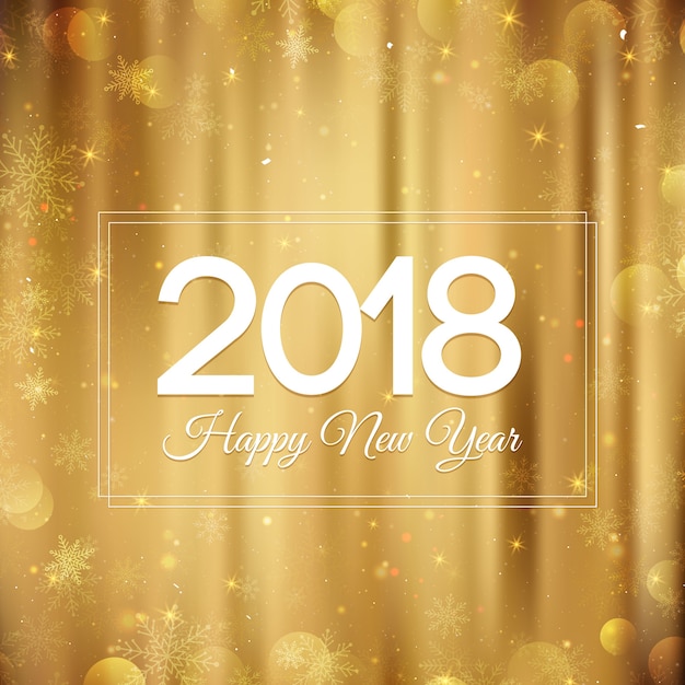 Vector gold happy new year 2018 card, with bokeh, snowflakes and shiny lights