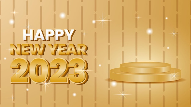 gold happy new year 2023 banner design with text and podium. simple and elegant concept