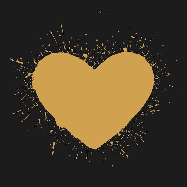 Gold heart on black background.  Hand drawn spray paint heart. Grunge vector hearts. Valentine