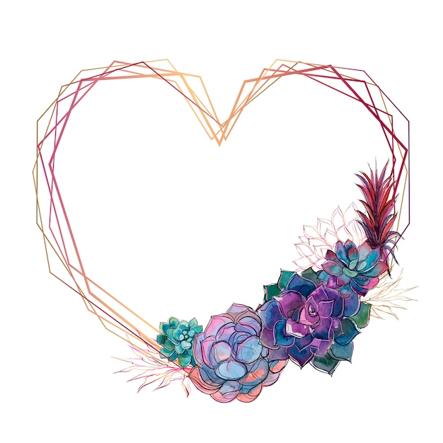 Vector gold heart frame with succulents