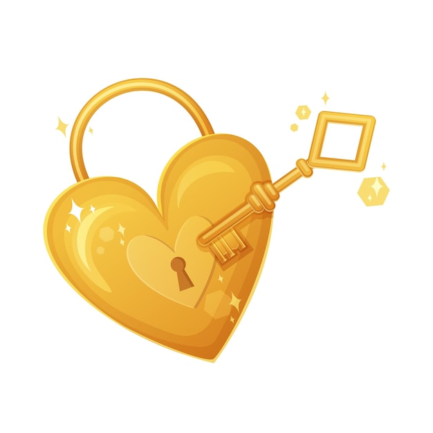 벡터 골드 하트 모양의 자물쇠와 황금 열쇠 발렌타인 데이 낭만적인 감정 결혼 기호 개념