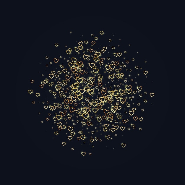 Vector gold hearts scattered on black background