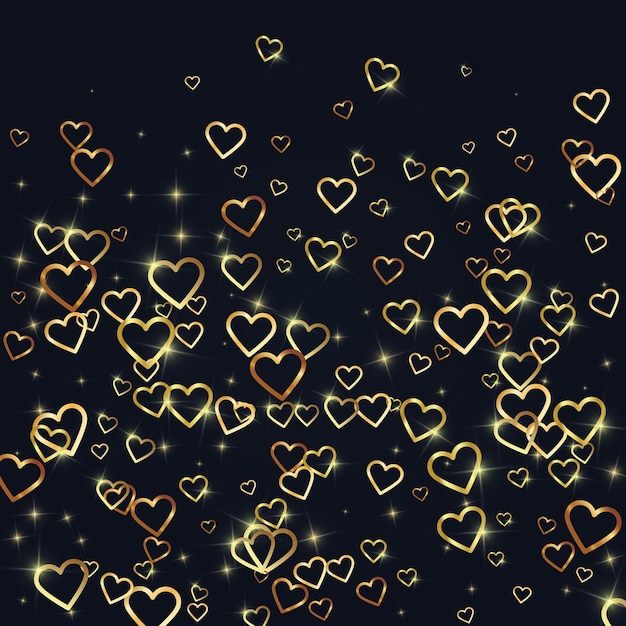 Vector gold hearts scattered on black background