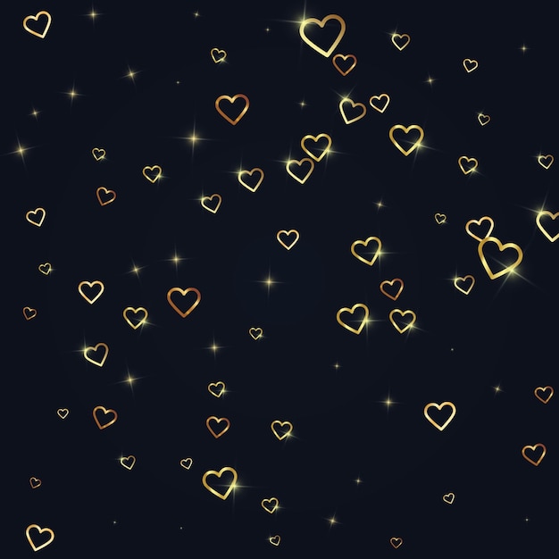 Вектор Золотые сердца разбросаны на черном фоне.
