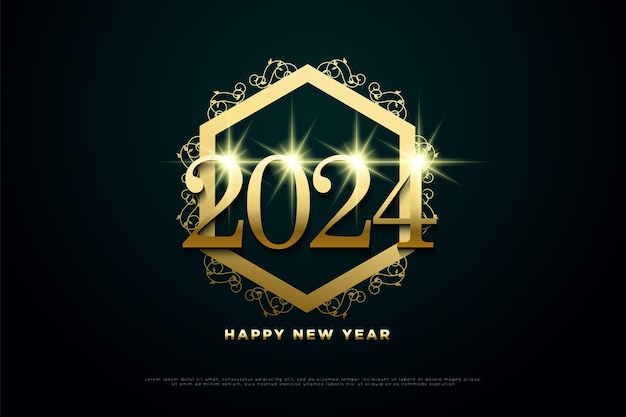 Вектор Золотая шестиугольная рамка для празднования нового года 2024 года