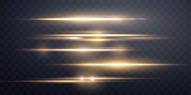 Набор золотых горизонтальных бликов изолированный на прозрачном фоне солнечная вспышка с лучами или золотым прожектором и боке желтое свечение бликов световой эффект векторная иллюстрация