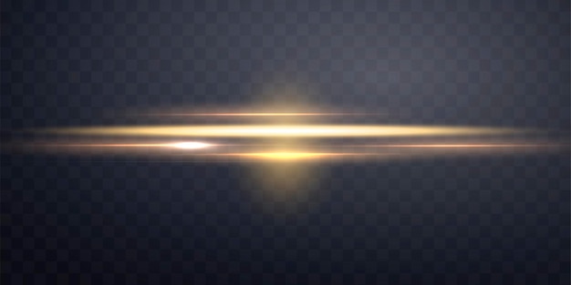ゴールドの水平レンズ フレア光線またはゴールド スポット ライトとボケ味を持つ太陽フラッシュ 黄色のグロー フレア光効果ベクトル図