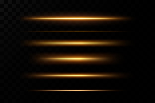 Gold horizontal lens flares pack. laser beams, horizontal light rays. glow transparent vector light