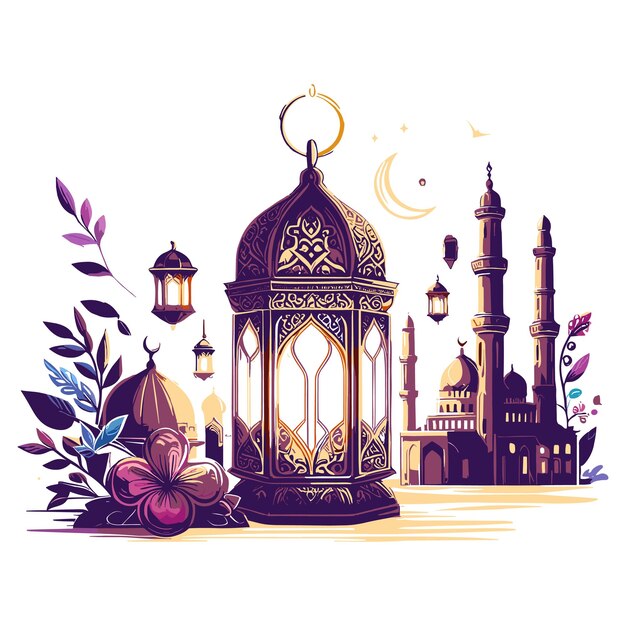 Vector gold islamic light lantern flat background