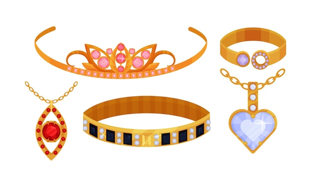 Set vettoriale di gioielli d'oro oggetti costosi dettagliati per donne collezione di accessori femminili eleganti