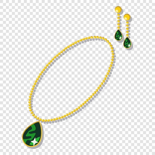 금 보석 액세서리 : 녹색 보석이 달린 목걸이와 귀걸이.