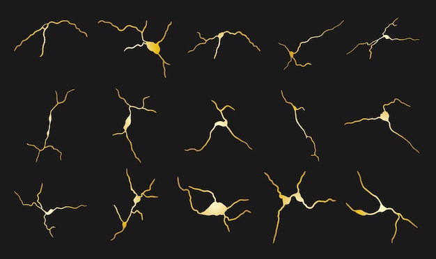 골드 Kintsugi 균열 세트 검은 배경에 깨진 및 균열 효과 craquelure 및 손상된 질감