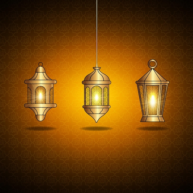 Lampada lanterna d'oro con calligrafia islamica vettore premium