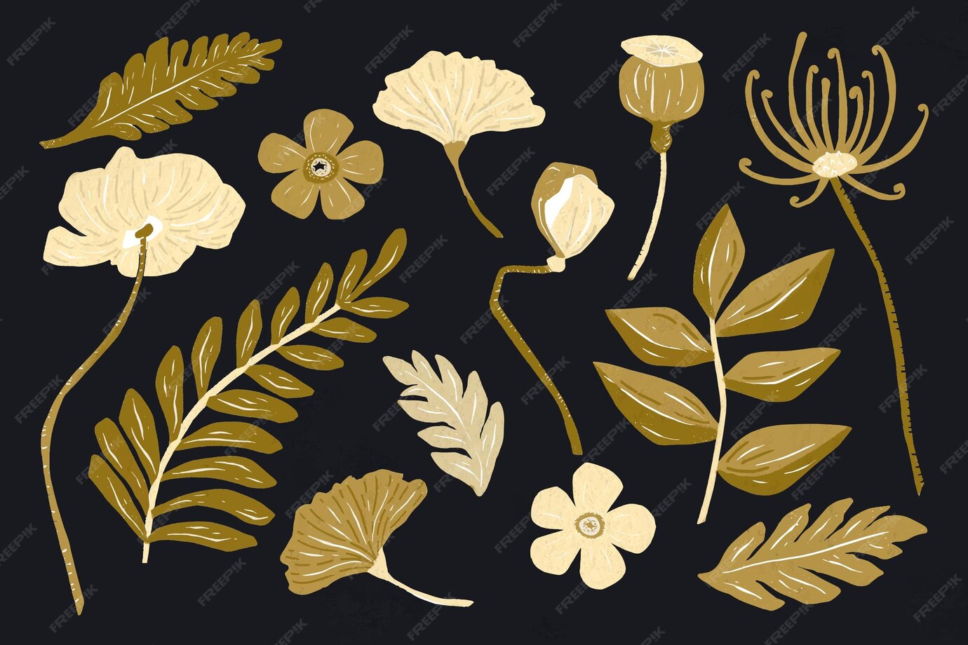 Premium Vector | Gold leaves vector floral clipart collection